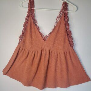 Umgee Lace-trimmed Tank Top, Women's Size L, Peplum Deep V-neck, Terracota